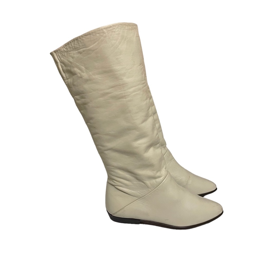 80s Vintage Boots-Cream Slouch Boots-US Women Size 8-Genuine Leather-Flat Pirate